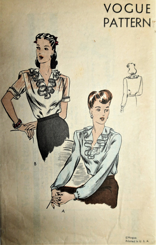 1940s ROMANTIC Blouse Pattern VOGUE 5033 Tuck In Blouse with Flattering Ruffled Neckline  2 Style Versions Bust 32 Vintage Sewing Pattern