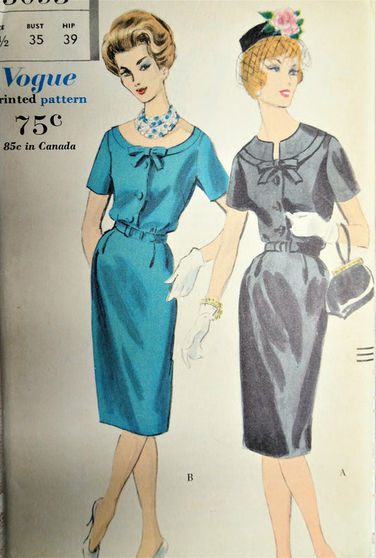 1960s CLASSY Slim Dress Pattern VOGUE 5093 Button Front Bodice 2 Version Styles, Bust 35 Vintage Sewing Pattern FACTORY FOLDED
