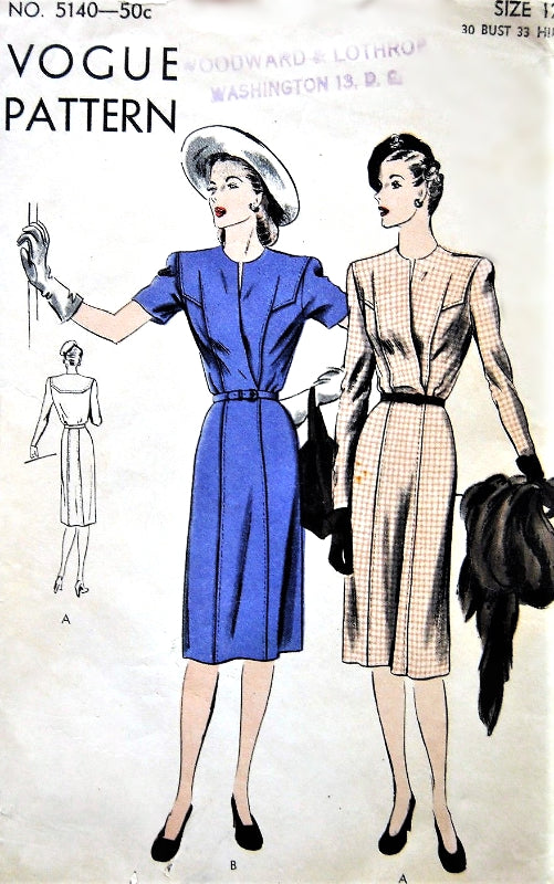 1940s CLASSY Dress Pattern VOGUE 5140 Slim Skirted Dress With Seam Interest , Day or After 5 Dress Bust 30 Vintage Sewing Pattern