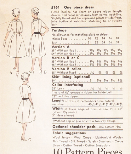 1960 LOVELY Dress Pattern Easy To make VOGUE 5161 Two Style Versions, Flattering Side Pleats, Bust 38 Vintage Sewing Pattern