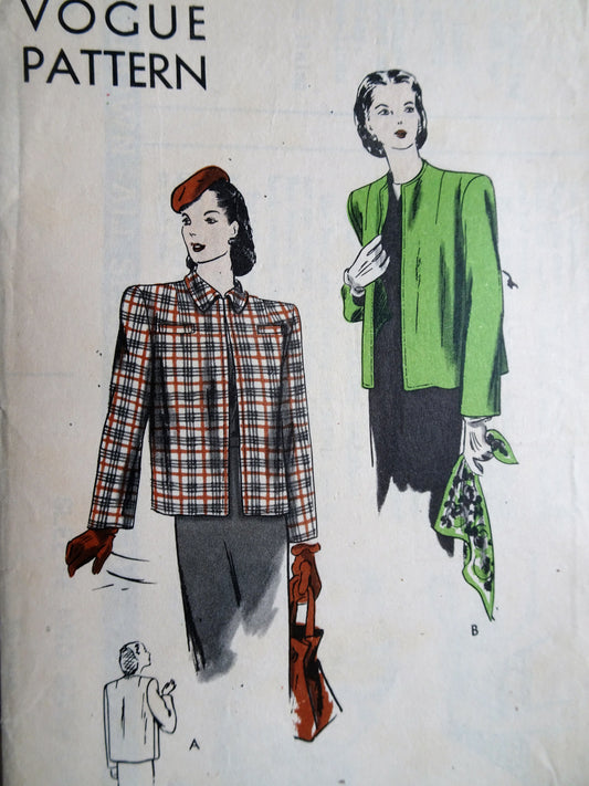 1940s SLEEK Jacket Car Coat Pattern VOGUE 5180 Easy To Make Bust 34 Vintage Sewing Pattern FF