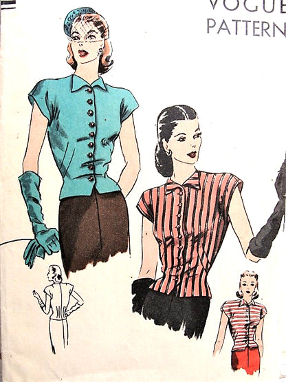 1940s FILM NOIR Style Blouse Pattern VOGUE 5269 Eye Catching Front Button Waistcoat Style Overblouse Easy To Make Bust 32 Vintage Sewing Pattern