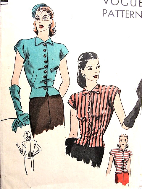 1940s FILM NOIR Style Blouse Pattern VOGUE 5269 Eye Catching Front Button Waistcoat Style Overblouse Easy To Make Bust 32 Vintage Sewing Pattern