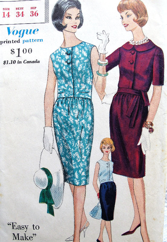 1960s CLASSY Slim Dress Pattern VOGUE 5275 Easy To Make Two Style Versions Bust 34 Vintage Sewing Pattern