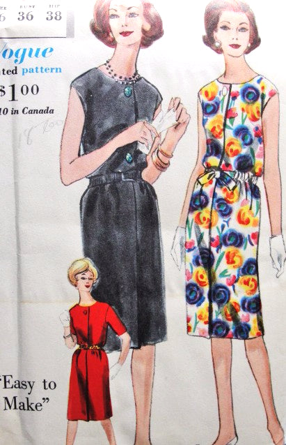 1960s CLASSY Slim Dress Pattern VOGUE 5313 Easy To Make Day or Cocktail  Dress Bust 36 Vintage Sewing Pattern FACTORY FOLDED