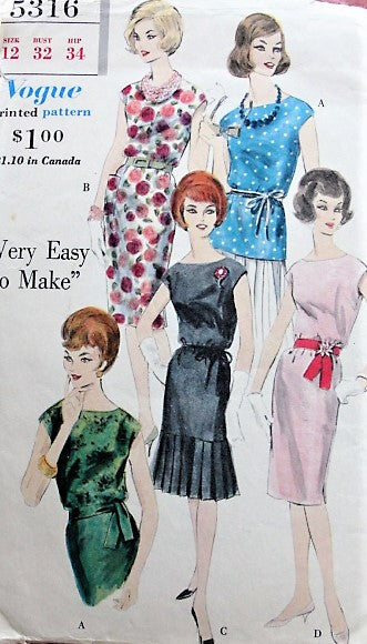 1960s CLASSIC Sheath Dress or Blouse Vogue 5316 Bust 32 Vintage Sewing Pattern