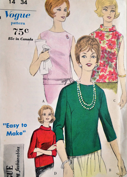 1960s CLASSY Blouse Pattern VOGUE 5337 Four Great Overblouses, Bust 34 Easy To Make Vintage Sewing Pattern