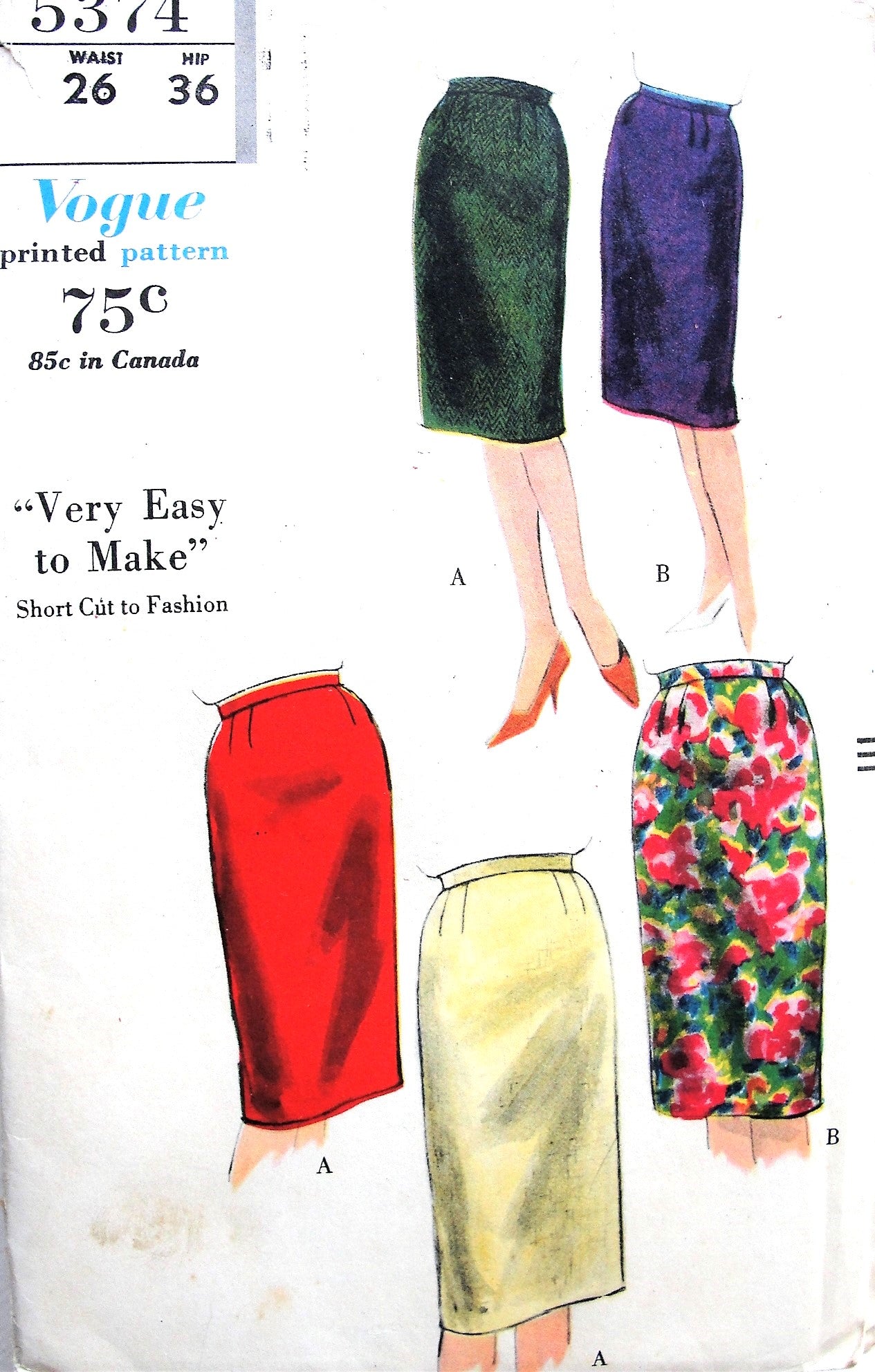 1960s VERY Easy Pencil Skirts Pattern VOGUE 5374 Two Versions, Waist 26 Vintage Sewing Pattern