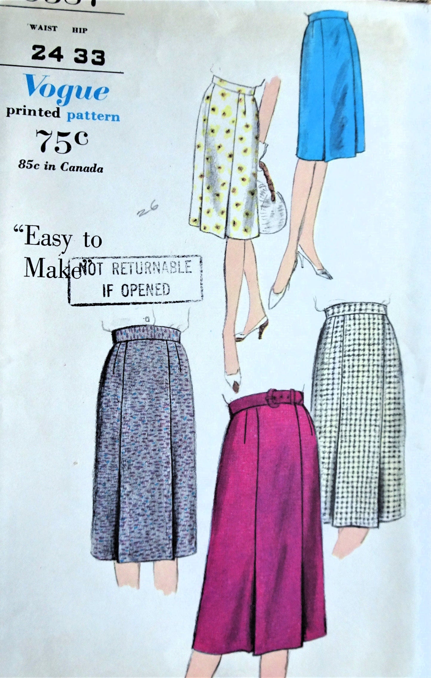 Early 1960s Easy To Make Skirt Pattern VOGUE 5387 Six Gored Slim Skirt, Waist 24 Vintage Sewing Pattern