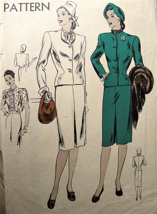 1940s STYLISH 3 Pc Suit Pattern VOGUE 5415 Slim Skirt,Fitted Jacket  and Pretty Tuck In Blouse Bust 32 Vintage Sewing Pattern
