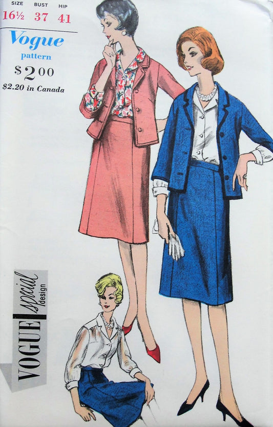 1960s Vintage SMART Suit and Blouse with Notched Collar Vogue 5446 Sewing Pattern Bust 37