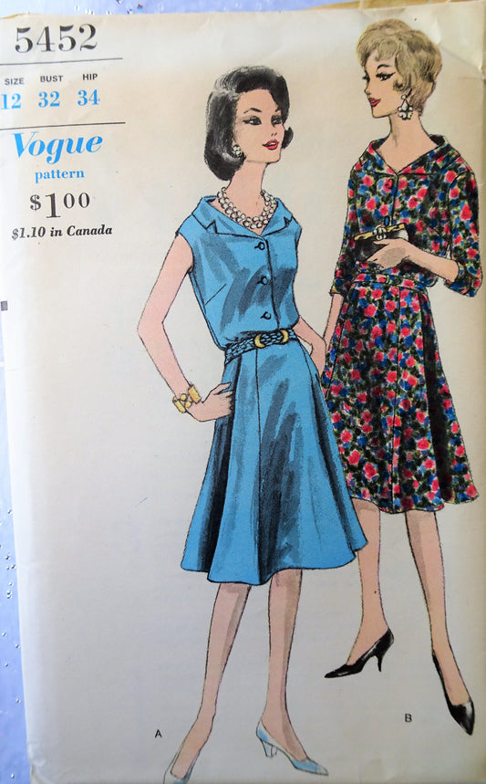 1960s CLASSY Dress Pattern VOGUE 5452 Beautiful Flared Skirt, Flattering Neckline, Day or After 5 Dress, Bust 32 Vintage Sewing Pattern FACTORY FOLDED