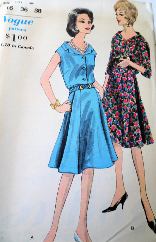 1960s CLASSY Dress Pattern VOGUE 5452 Flattering Neckline, Flared Dress Daytime or Cocktail Party Bust 36 Vintage Sewing Pattern FACTORY FOLDED
