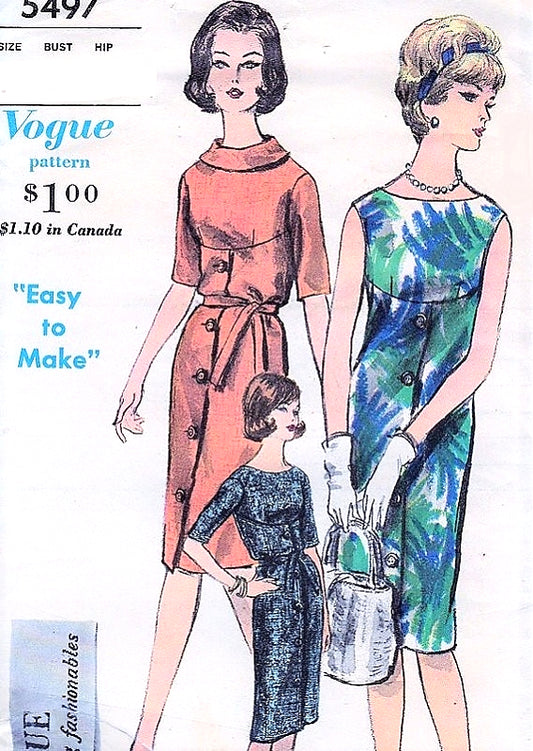 1960s CLASSY Easy To Make Slim Dress Pattern VOGUE Young Fashionables 5497 Three Fab Styles Bust 34 Vintage Sewing Pattern FACTORY FOLDED