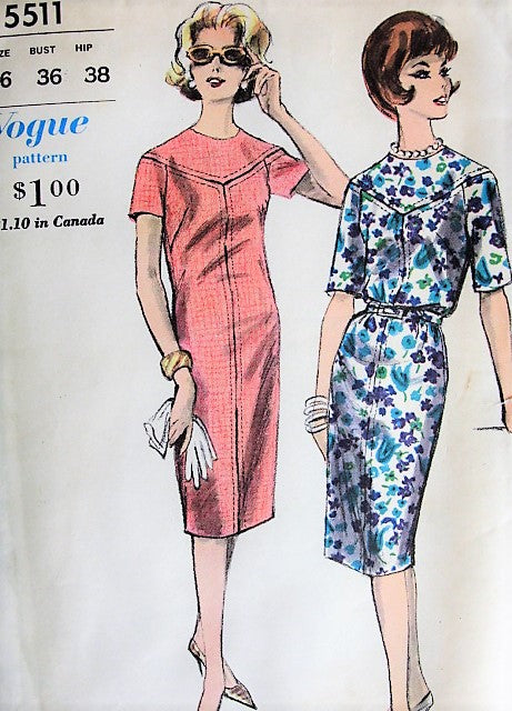 1960s FAB Slim Day or After 5 Dress Pattern VOGUE 5511 Stylish Sheath Dress Seam Interest Bust 36 Vintage Sewing Pattern