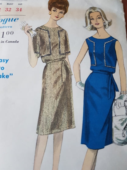 1960s CLASSY Easy To Make Dress Pattern VOGUE 5534 Bust 32 Vintage Sewing Pattern
