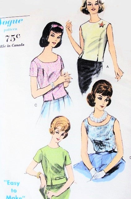 1960s EASY To Make Blouse Pattern  VOGUE 5542 Four Princess Seam Blouses or Over Blouses Scoop or Jewel Neckline Day or Evening Bust 34 Vintage Sewing Pattern