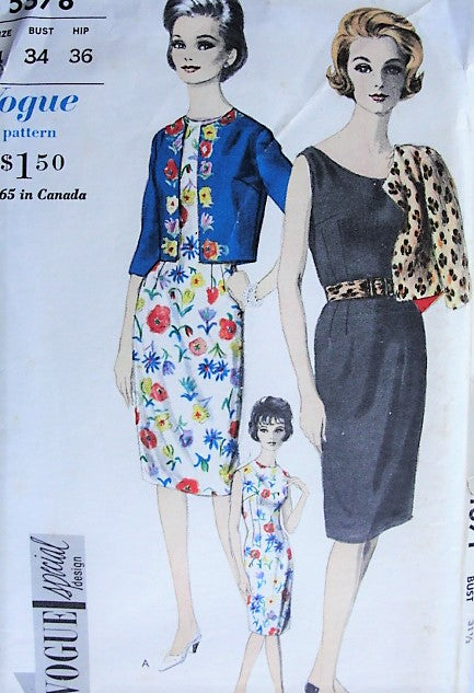 1960s CHIC  Sheath Dress with Two Necklines and Jacket Vogue Special Design 5578 Bust 34 Vintage Sewing Pattern