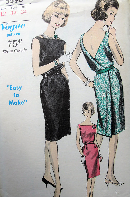 1960s Vintage POSH Wrapped Back Evening Dress with Deep V Back Vogue 5596 Sewing Pattern Bust 32