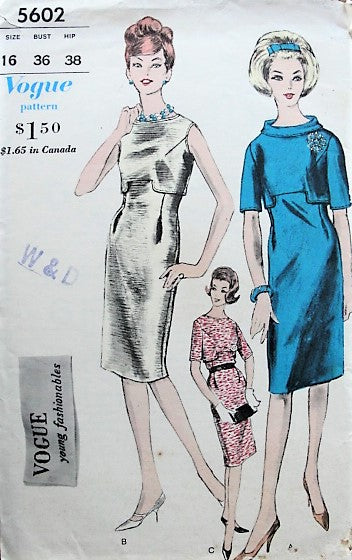 1960s STYLISH High Waisted Dress Vogue 5602  Bust 36