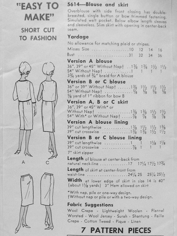 1960s Slim Skirt and Blouse Pattern Vogue 5614 Three OverBlouse Styles Easy to Make Bust 34 Vintage Sewing Pattern FACTORY FOLDED