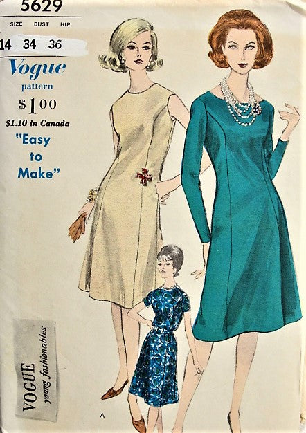 1960s EFFORTLESS Princess Dress with Scooped Neckline Vogue 5629 Bust 34 Vintage Sewing Pattern