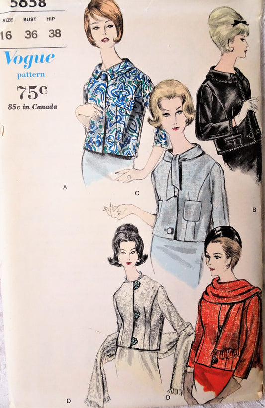 1960s BEAUTIFUL Jackets and Scarf Pattern VOGUE 5658 Four Chic Styles Day or Evening Jackets, Bust 36 Vintage Sewing Pattern FACTORY FOLDED