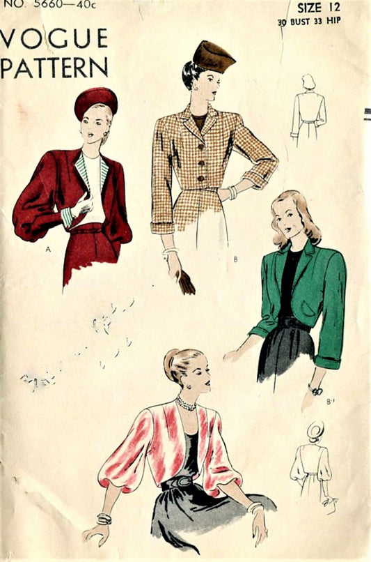 1940s BEAUTIFUL 1940s Bolero Jackets Pattern VOGUE 5660 Set of 4 Lovely WW II Jackets Day or Evening, Bust 30 Easy To Make Vintage Sewing Pattern
