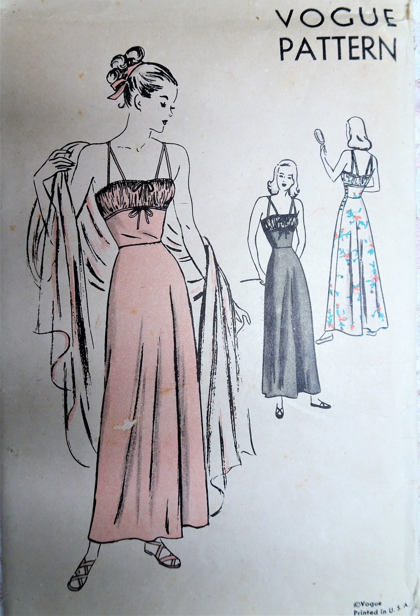 1940s GLAM Femme Fatale Nightgown Pattern VOGUE 5682 Full Length Shirred Nightgown Strappy Back Bust 32 Vintage Sewing Pattern FACTORY FOLDED