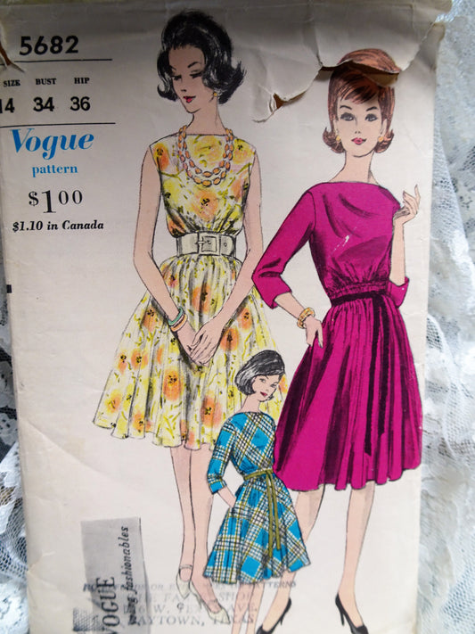 1960s PRETTY Dress Pattern VOGUE 5682 Day or Party Evening Dress Bateau Neckline Full Skirt Dress Bust 34 Vintage Sewing Pattern