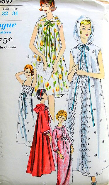1960s GLAMOROUS Nightgown and Negligee Lingerie Pattern VOGUE 5697 Beautiful Romantic Styles Bust 32 Vintage Sewing Pattern FACTORY FOLDED
