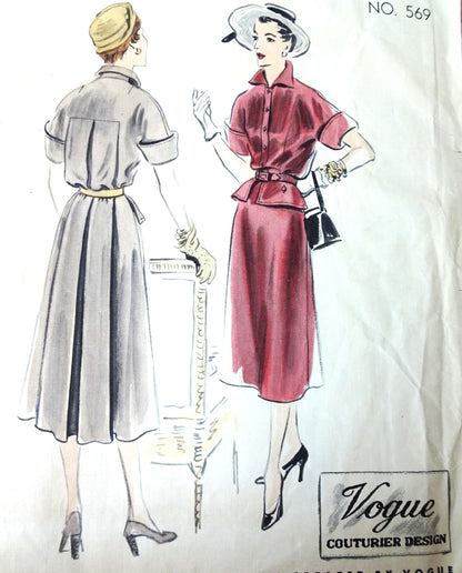 1950s CHIC DressPattern VOGUE Couturier Design  569 Unique Style, Peplum Like Front and Box Pleated Back Panel, Bust 32 Vintage Sewing Pattern