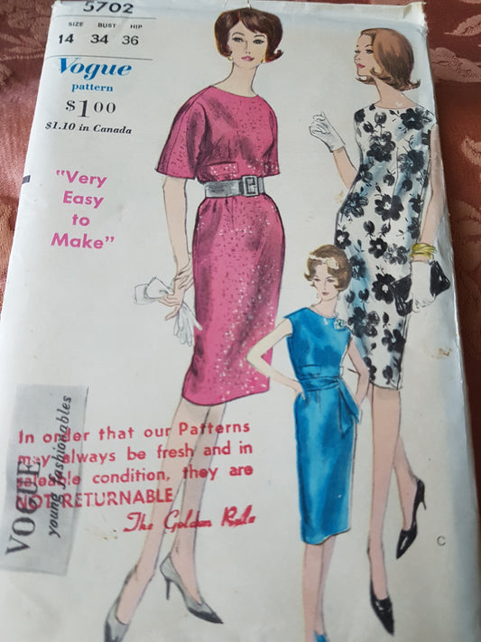 1960s SHEATH Dress Pattern VOGUE Young Fashionables 5702  Bust 34, Very Easy To Make Vintage Sewing Pattern FF