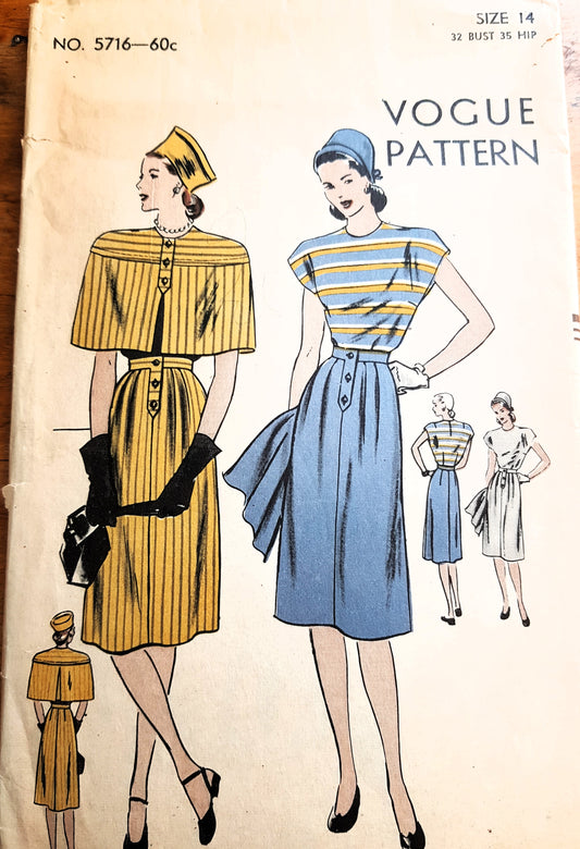 1940s STUNNING and Rare Blouse,Skirt and Cape Pattern VOGUE 5716 High Fashion Design, Beautiful Details, Bust 32 Vintage Sewing Pattern