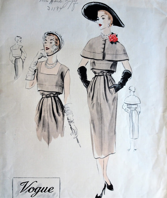 1950s BEAUTIFUL Dress and Capelet Pattern VOGUE COUTURIER Design 573, Slim Day or Evening Dress, Deep Square Neckline, Bust 32 Vintage Sewing Pattern