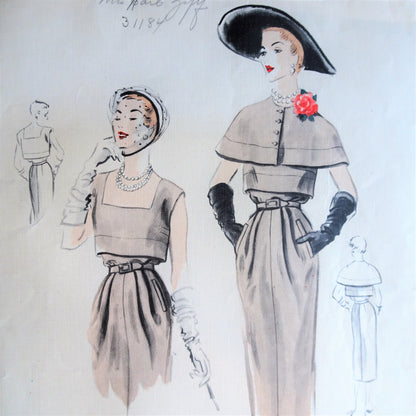 1950s BEAUTIFUL Dress and Capelet Pattern VOGUE COUTURIER Design 573, Slim Day or Evening Dress, Deep Square Neckline, Bust 32 Vintage Sewing Pattern