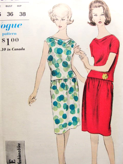 1960s Classy 2 Pc Dress Pattern VOGUE YOUNG FASHIONABLES 5762  Bias Drape Cowl OverblouseSlightly Gathered Skirt Daytime or Cocktail Dress Bust 36 Vintage Sewing Pattern FACTORY FOLDED