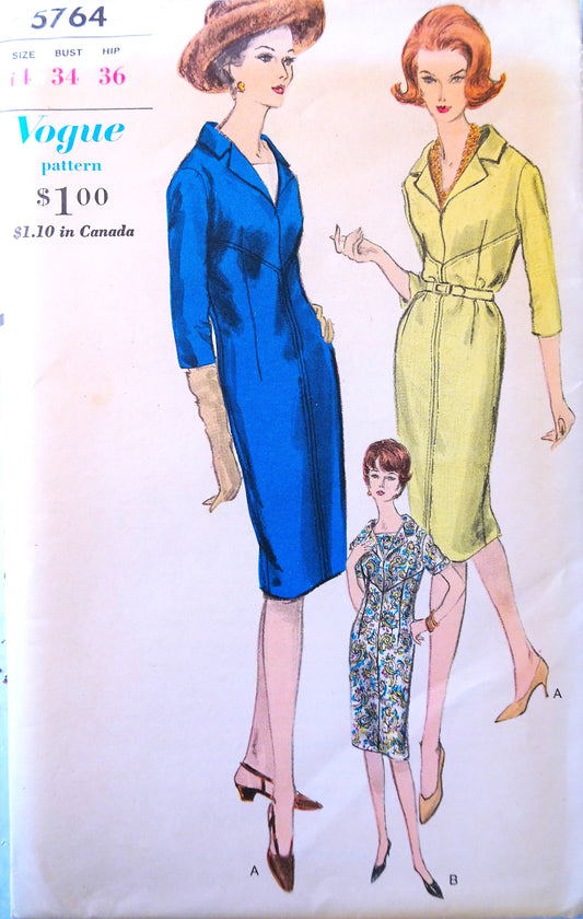 Early 1960s CLASSY Sheath Dress Pattern VOGUE 5764 Bust 34 Vintage Sewing Pattern FF