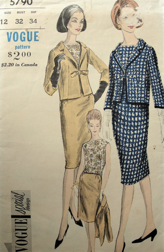 1960s Vintage GORGEOUS Suit and Blouse with Bow Detail on Jacket Vogue 5790 Sewing Pattern Bust 32