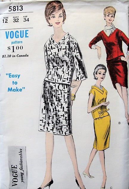 1960s STYLISH 2 Pc Dress Pattern VOGUE 5813 Three Easy styles Daytime to After 5 Bust 32 Vintage Sewing Pattern