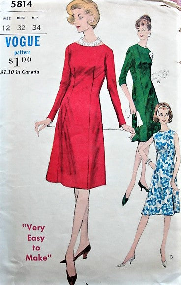 1960s CLASSY Fitted Dress with Scoop Neckline VOGUE 5814 Bust 34  Very Easy To Make Vintage Sewing Pattern