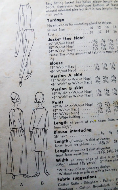 Early 1960s FABULOUS Jacket,Blouse,Skirt and Cigarette Pants Pattern VOGUE Special Design 5821 Day or Evening  Bust 34 Vintage Sewing Pattern
