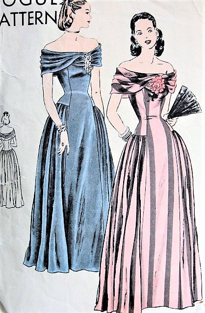 1940s GORGEOUS Evening Dress Gown Pattern VOGUE 5885 Dramatic Off Shoulder Low Neckline With Stunning Cross Over Bias Drape Bust 32 Vintage Sewing Pattern