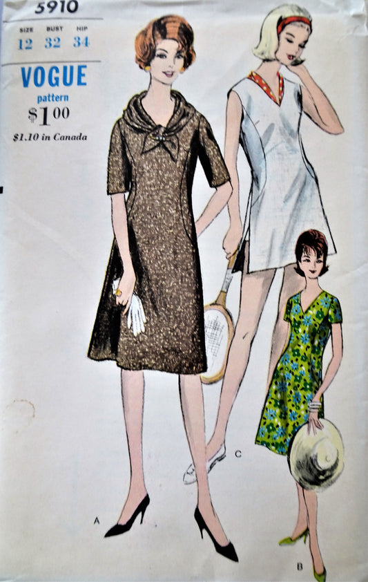 1960s Dress, Tennis Dress, Scarf and Panties Pattern VOGUE 5910 Wonderful Versatile Dress Pattern Bust 32 Vintage Sewing Pattern FF