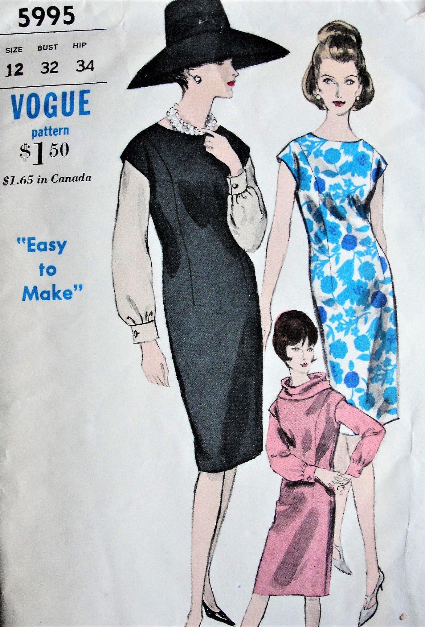 1960s Vintage CLASSY The Crown Style One Piece Dress or Jumper Dress, Blouse and Scarf Vogue 5995 Sewing Pattern Bust 32