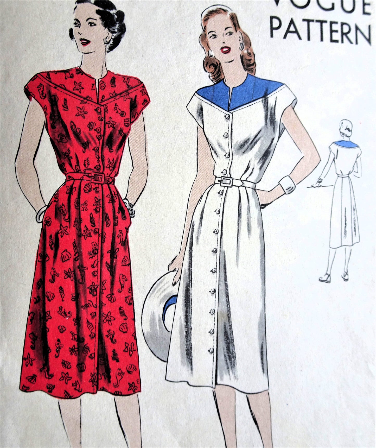 1940s FABULOUS Front Button Dress Pattern VOGUE 6030 Lovely Design Features, Bust 34 Vintage Sewing Pattern