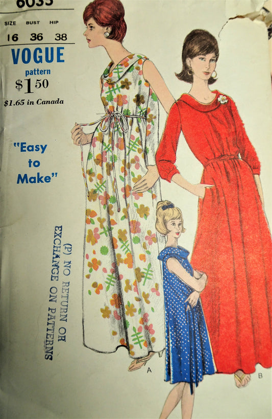 1960s HOSTESS Dress Pattern VOGUE 6035 Lovely Day, Patio or Evening Dress In 2 Lengths and Styles Bust 36 Easy To Make Vintage Sewing Pattern