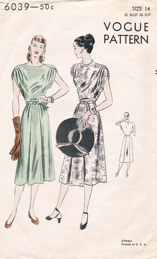 1940s BEAUTIFUL Party Dress Pattern VOGUE 6039 Draped Details Figure Flattering Bust 34 Vintage Sewing Pattern