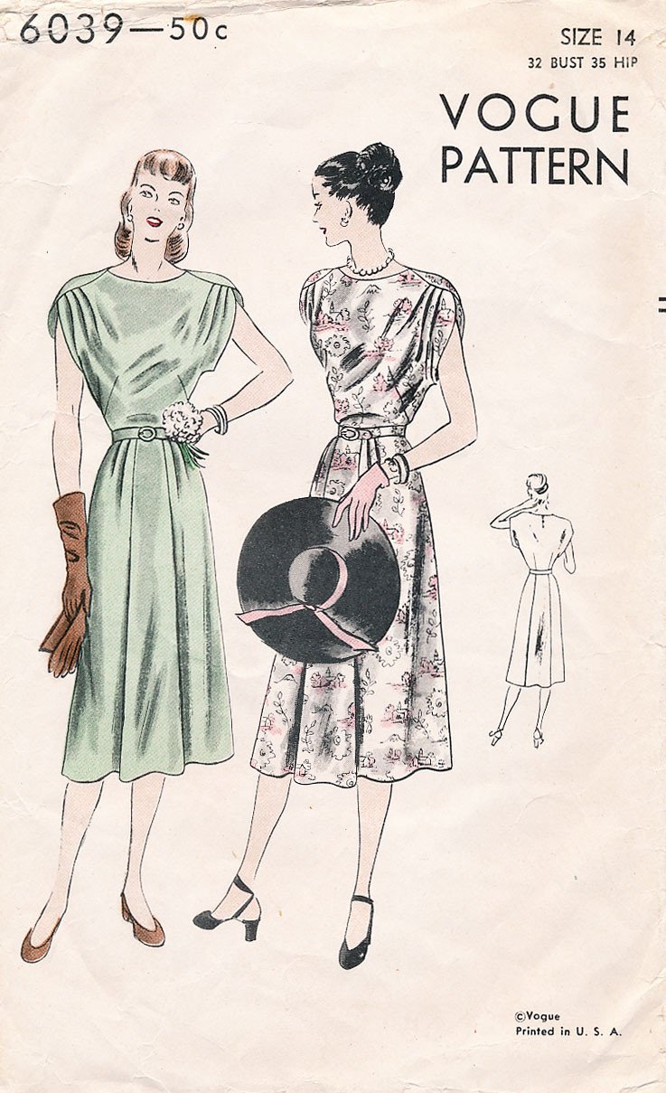 1940s BEAUTIFUL Party Dress Pattern VOGUE 6039 Draped Details Figure Flattering Bust 34 Vintage Sewing Pattern