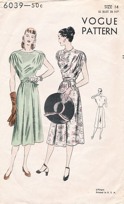 1940s BEAUTIFUL Party Dress Pattern VOGUE 6039 Draped Details Figure Flattering Bust 34 Vintage Sewing Pattern